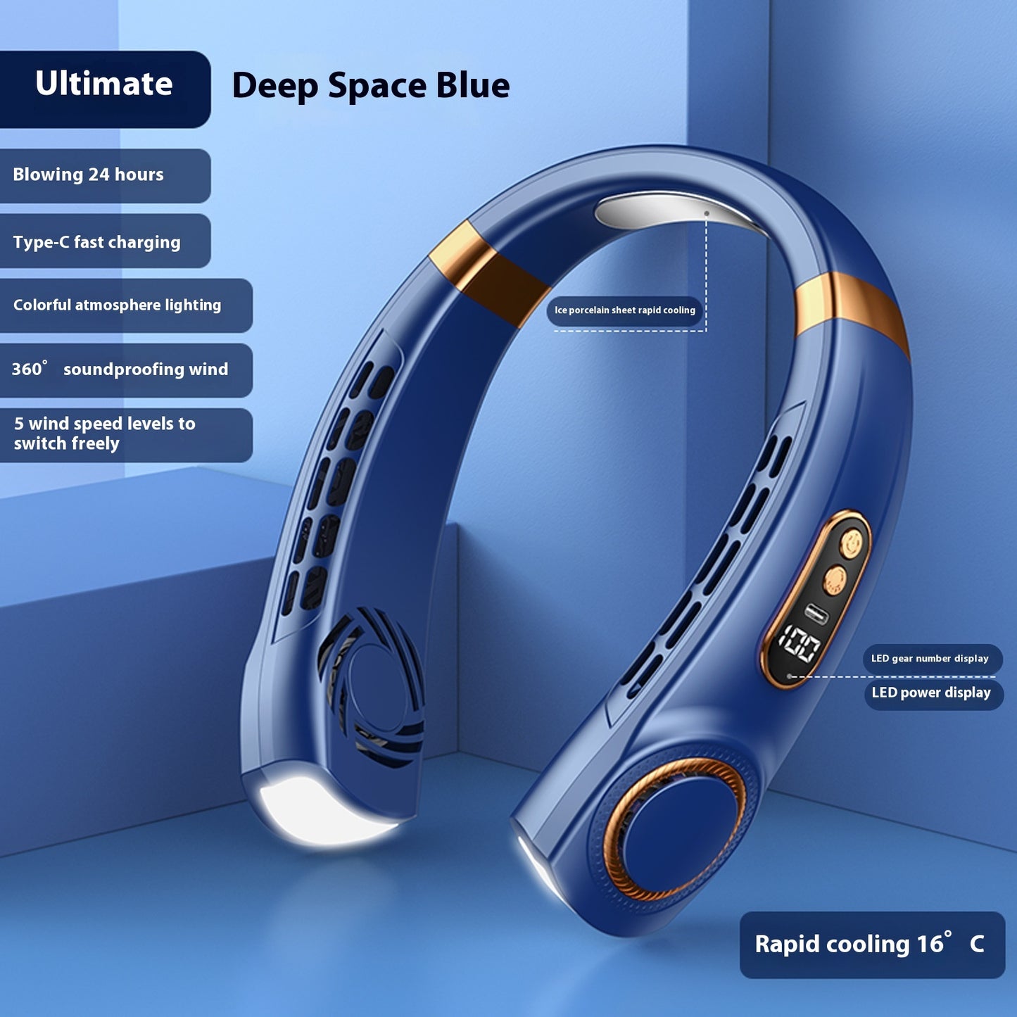 Portable Hanging Neck Fan – USB Rechargeable, Silent, 5-Speed Cooling