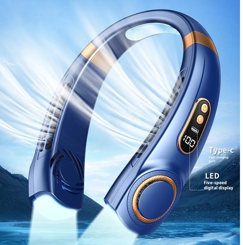 Portable Hanging Neck Fan – USB Rechargeable, Silent, 5-Speed Cooling