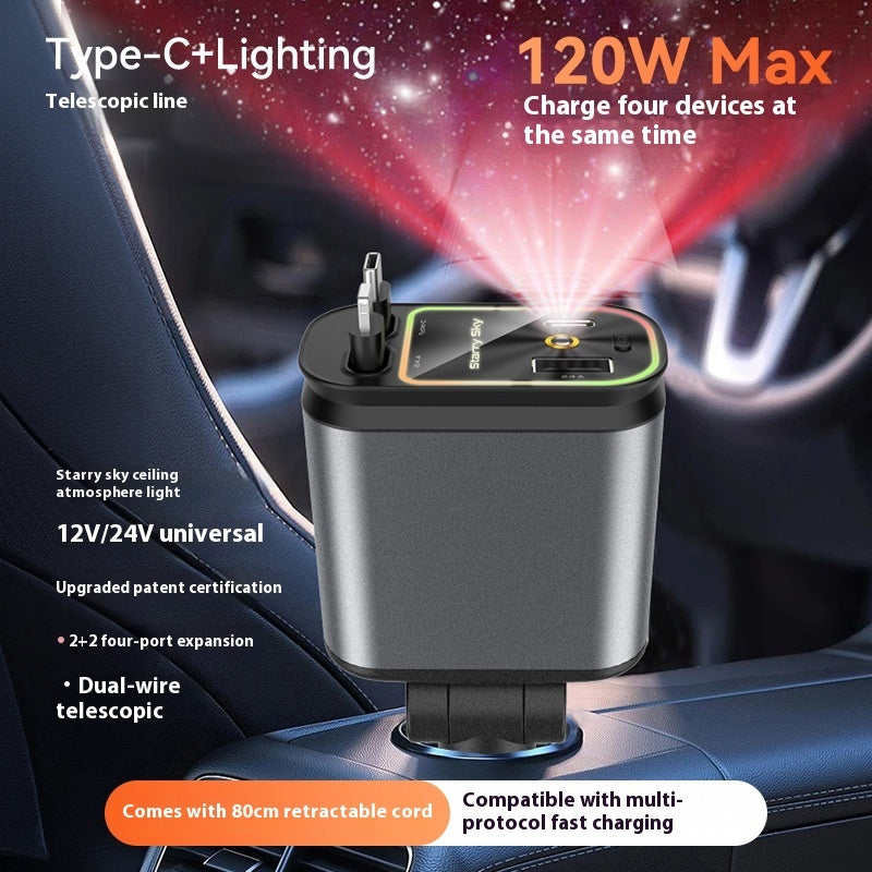 4-in-1 120W Retractable Car Charger with Starry Sky Projection – Fast Charging USB-C & USB-A Ports