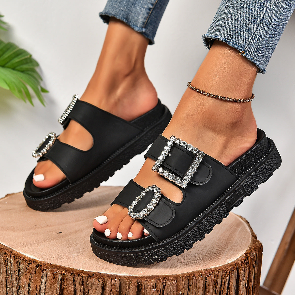 Rhinestone Buckle Platform Shoes – Chic Casual Style with a Sparkling Twist