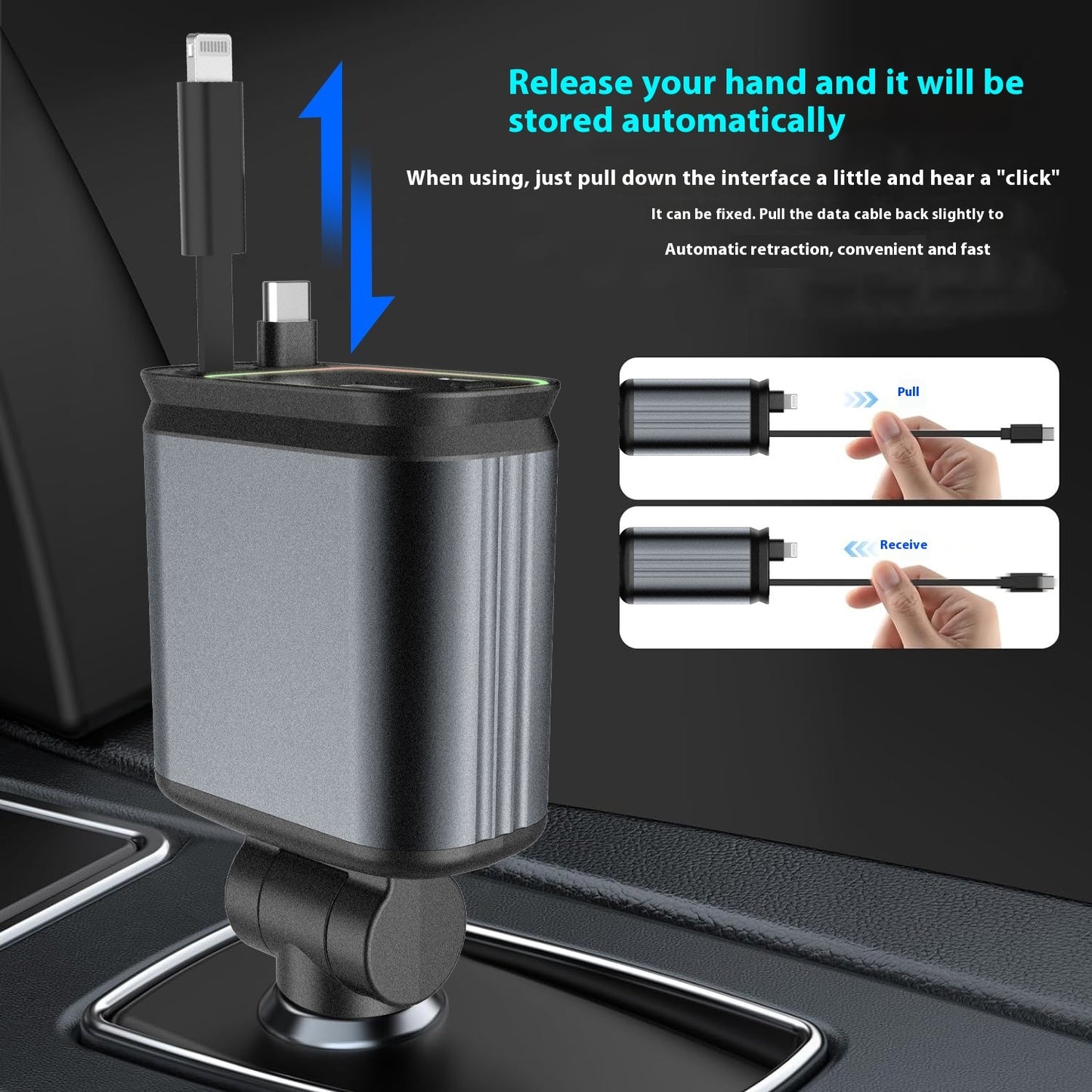 4-in-1 120W Retractable Car Charger with Starry Sky Projection – Fast Charging USB-C & USB-A Ports