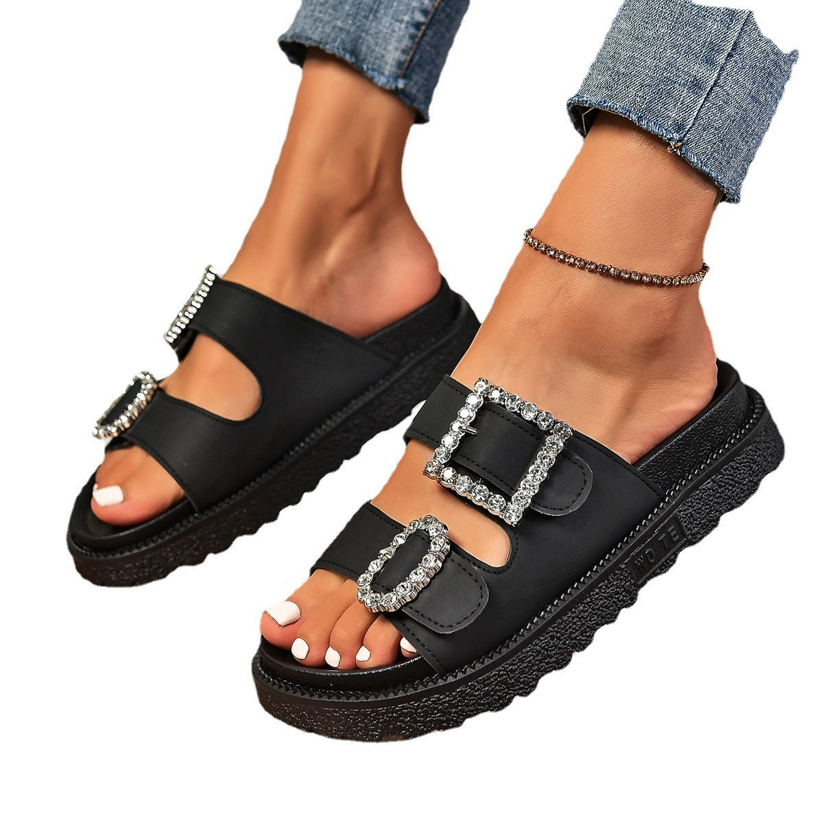 Rhinestone Buckle Platform Shoes – Chic Casual Style with a Sparkling Twist