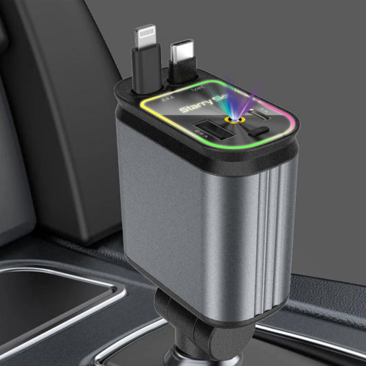 4-in-1 120W Retractable Car Charger with Starry Sky Projection – Fast Charging USB-C & USB-A Ports
