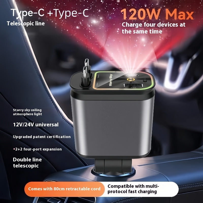 4-in-1 120W Retractable Car Charger with Starry Sky Projection – Fast Charging USB-C & USB-A Ports