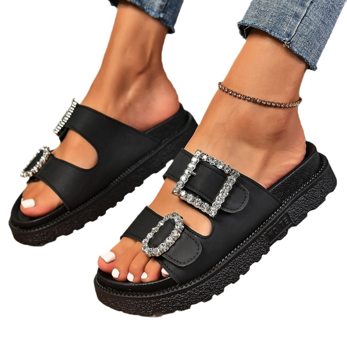 Rhinestone Buckle Platform Shoes – Chic Casual Style with a Sparkling Twist