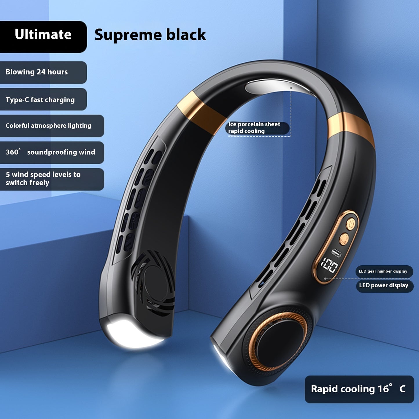 Portable Hanging Neck Fan – USB Rechargeable, Silent, 5-Speed Cooling